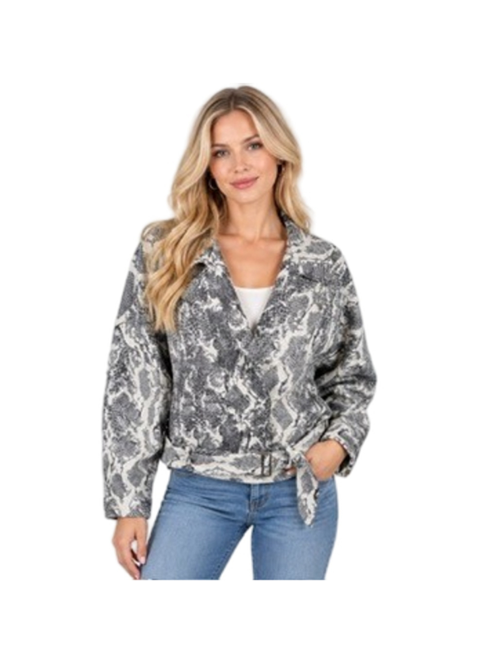 ZARA Basic Snakeskin Print Moto Biker Jacket Oversized Gray White Belted Size XL